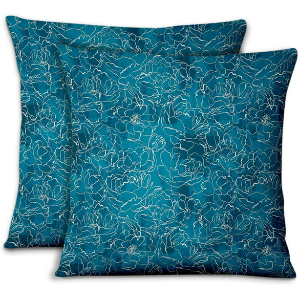 Teal Blue 2 Pcs Cushion Cover Floral Print Cotton Poplin Square Pillow Case 